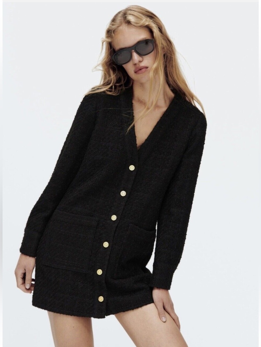 Zara Black Textured Tweed Gold Button Mini Dress